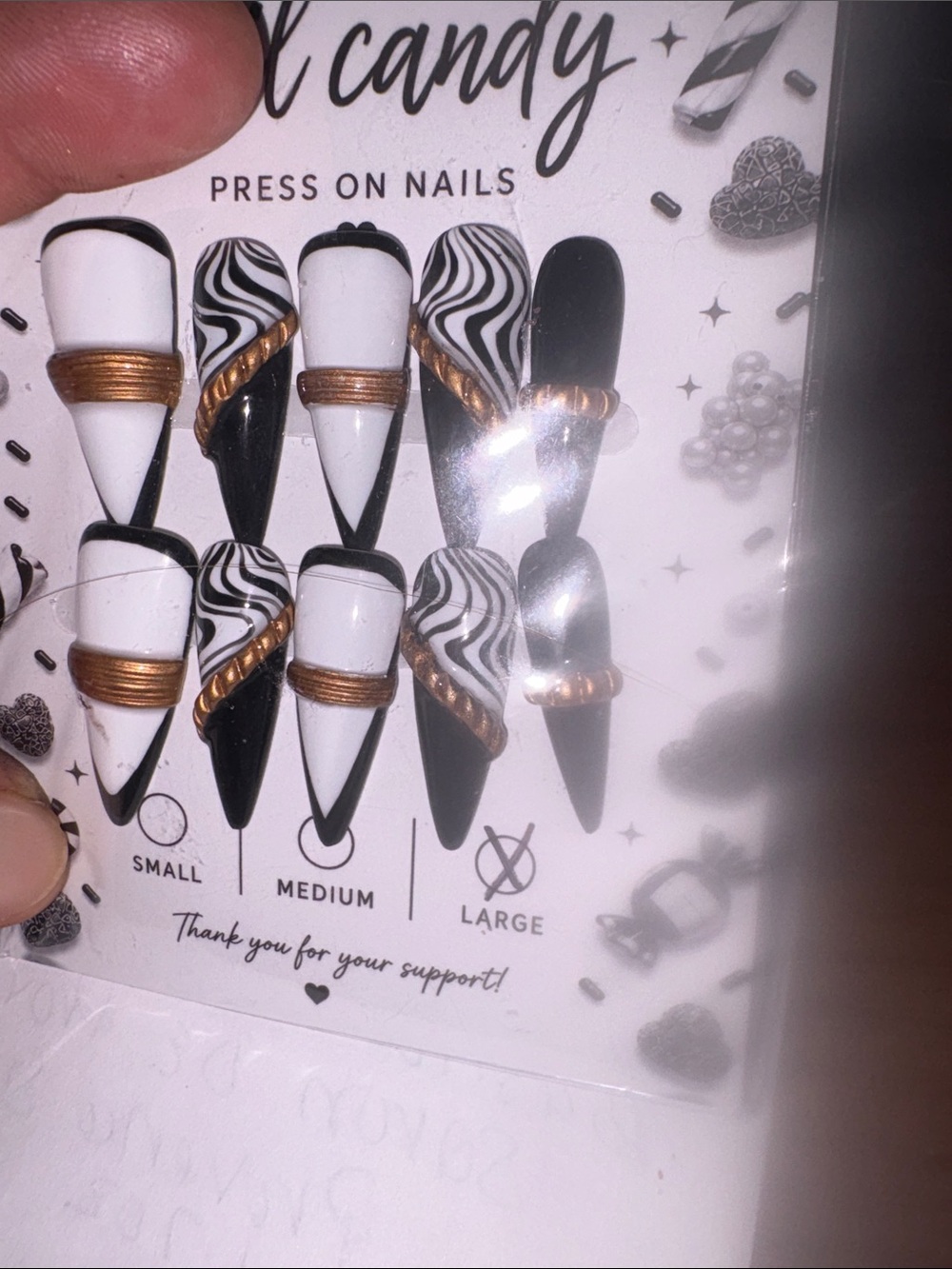 Nail Candy PREMIUM CUSTOM Black & White Press-On Nails w Gold Accent L STILETTO